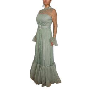 Women's Green Tulle Evening Gown with Sheer Sleeves Rhinestone Belt Size M